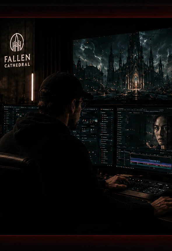 Fallen Cathedral studio environment for professional AI content production